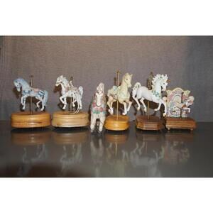 Set of 6 Carousel Horse Figurines with Wooden Bases
